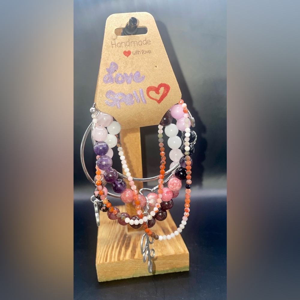 Beaded bracelets w silver bracelets & 3’mm stoned bracelet wrap around x 2 or??